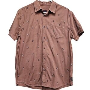 Prana Broderick Short Sleeve Button Down Carabiner Print Men's Size M Brown